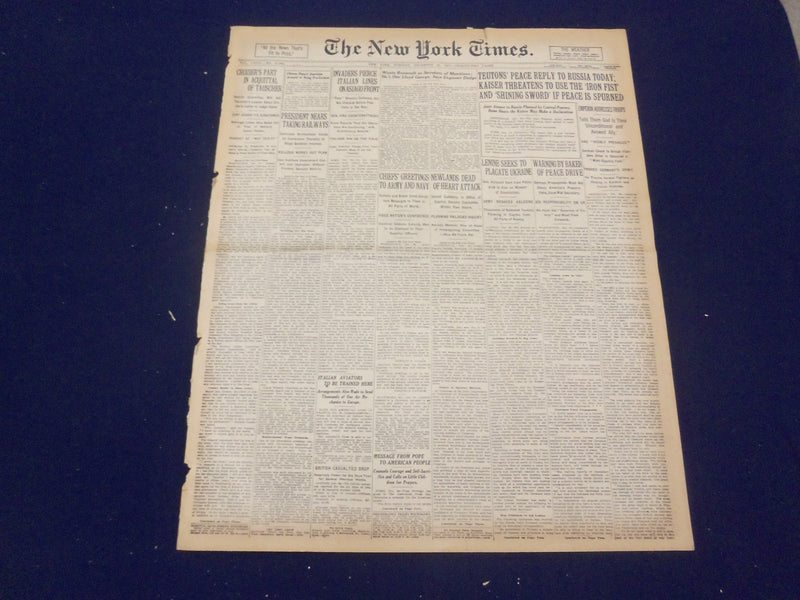 1917 DECEMBER 25 NEW YORK TIMES - TEUTONS PEACE REPLY TO RUSSIA TODAY - NT 8267
