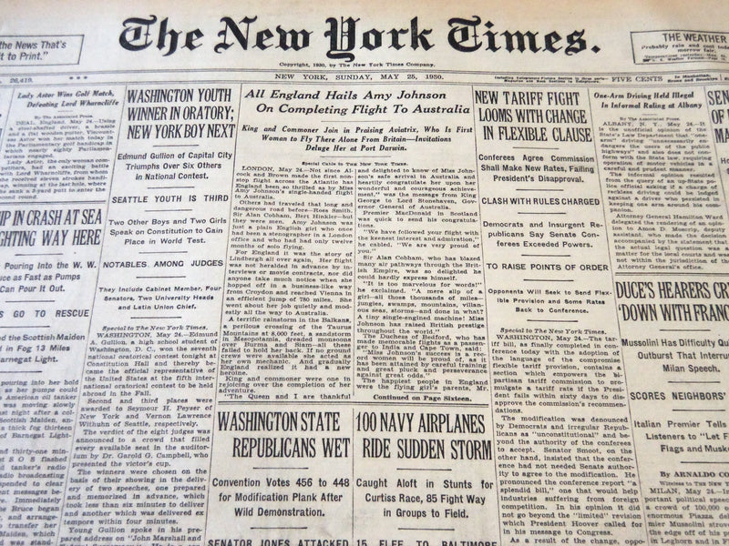 1930 MAY 25 NEW YORK TIMES - ALL ENGLAND HAILS AMY JOHNSON - NT 5704