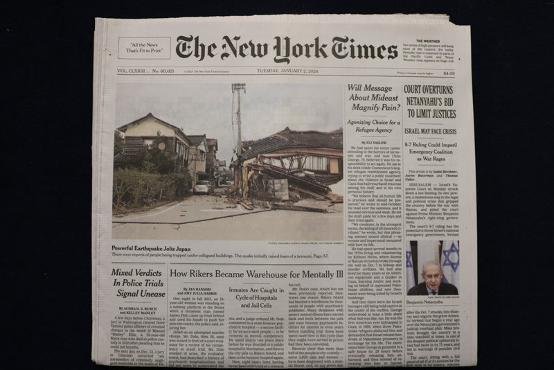 2024 JANUARY 2 NEW YORK TIMES -COURT OVERTURNS NETANYAHU'S BID TO LIMIT JUSTICES