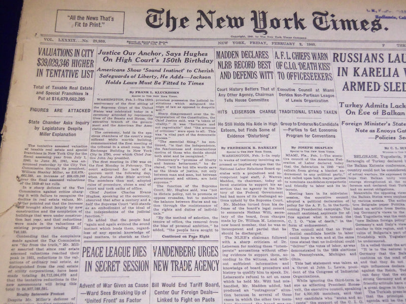 1940 FEBRUARY 2 NEW YORK TIMES - 150TH BIRTHDAY OF SUPREME COURT - NT 2554
