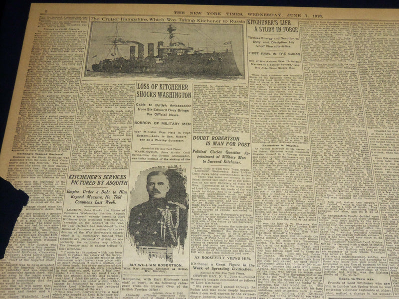 1916 JUNE 7 NEW YORK TIMES - KITCHENER AND STAFF PERISH AT SEA - NT 8607