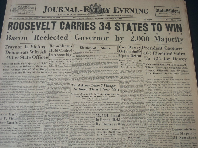 1944 NOVEMBER 8 WILMINGTON JOURNAL - ROOSEVELT CARRIES 34 STATES TO WIN- NT 7319