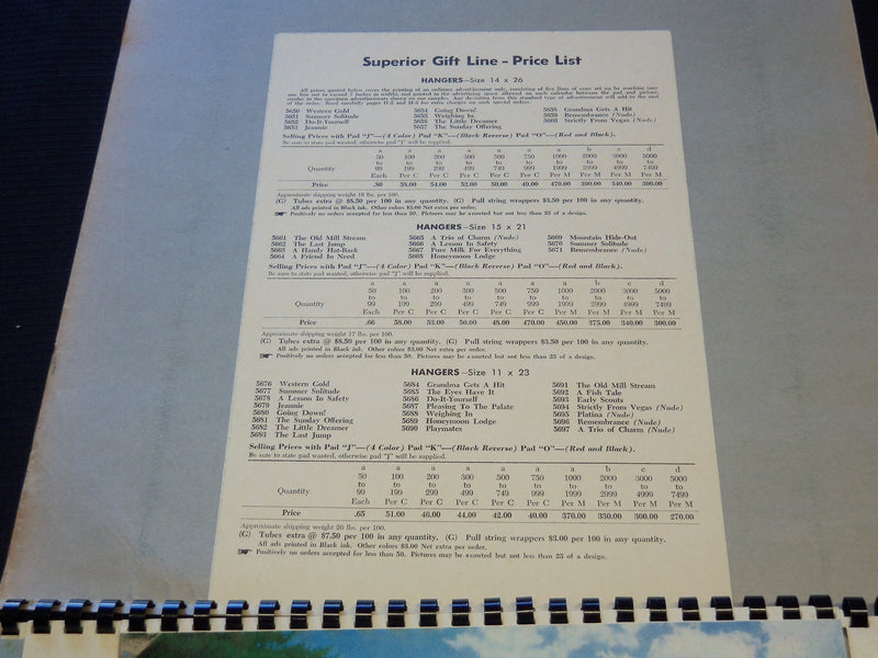 1958 SUPERIOR GIFT LINE HANGERS CALENDAR SALESMAN SAMPLE SHEETS BOOK - C 8