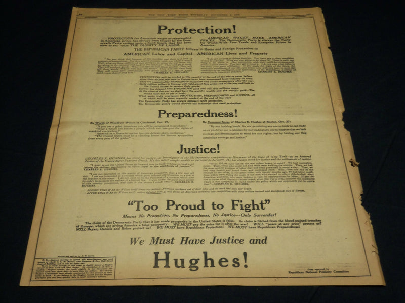 1916 NOVEMBER 2 NEW YORK TIMES - ODDS ON HUGHES CHANGE TO 10 TO 7 - NT 7681