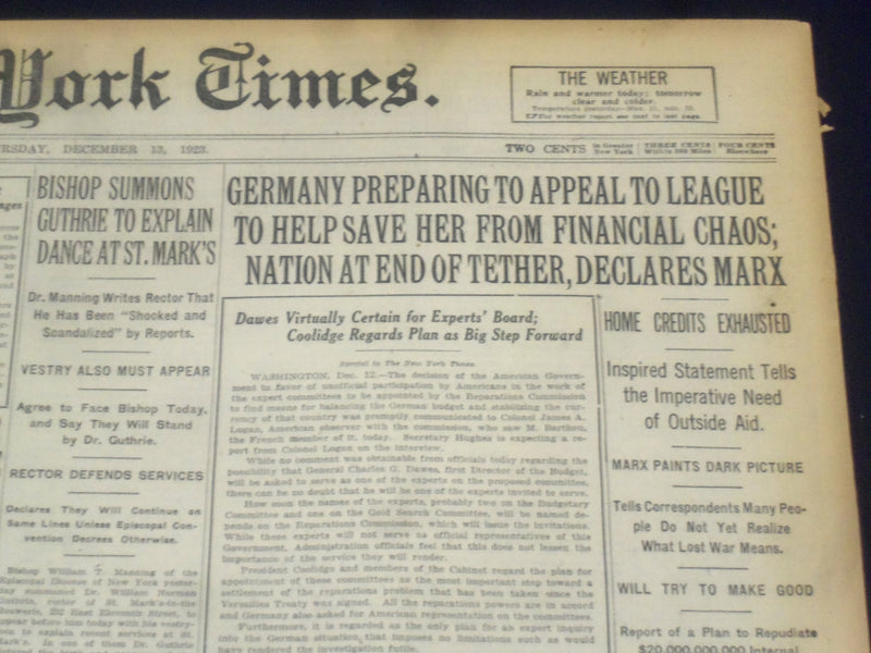 1923 DECEMBER 13 NEW YORK TIMES - GERMANY APPEALS TO LEAGUE TO SAVE HER- NT 9236