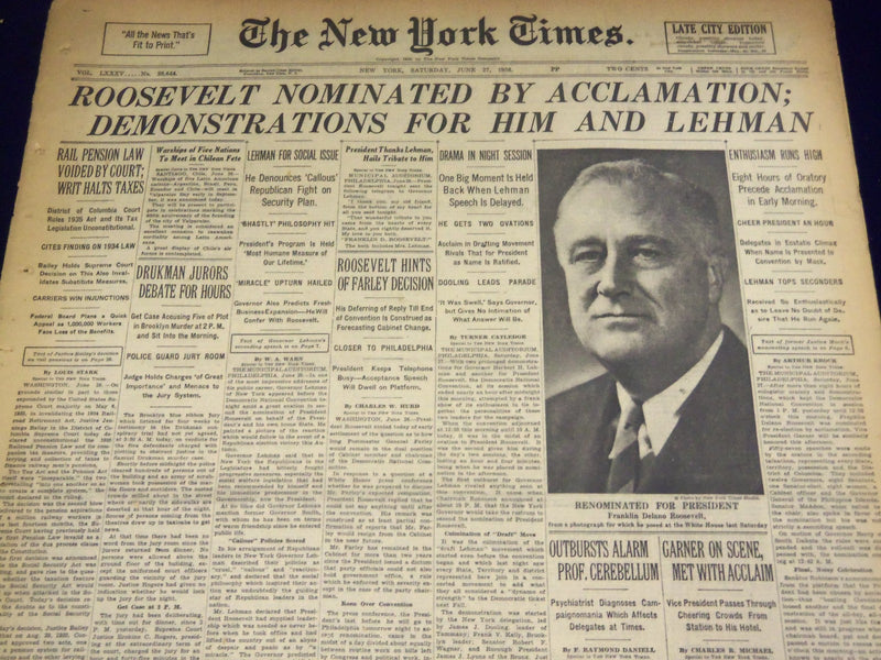 1935 JUNE 27 NEW YORK TIMES - ROOSEVELT NOMINATED BY ACCLAMATION - NT 1934