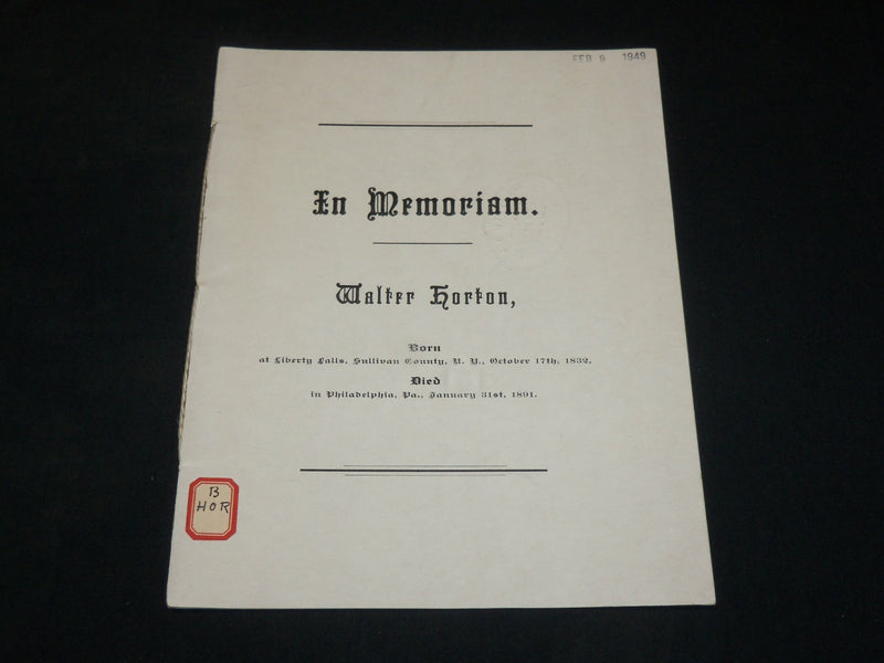 1891 IN MEMORIAM - WALTER HORTONY REV. A. M. LOCKWOOD - SOFTCOVER - J 6072