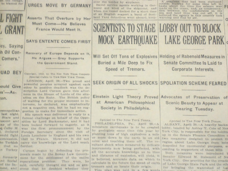 1923 APRIL 21 NEW YORK TIMES - SCIENTISTS TO STAGE A MOCK EARTHQUAKE - NT 8355