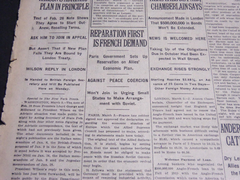 1920 MARCH 6 NEW YORK TIMES - REPARATION FIRST IS FRENCH DEMAND - NT 6770