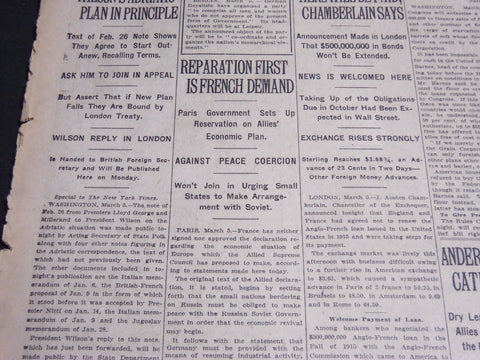 1920 MARCH 6 NEW YORK TIMES - REPARATION FIRST IS FRENCH DEMAND - NT 6770