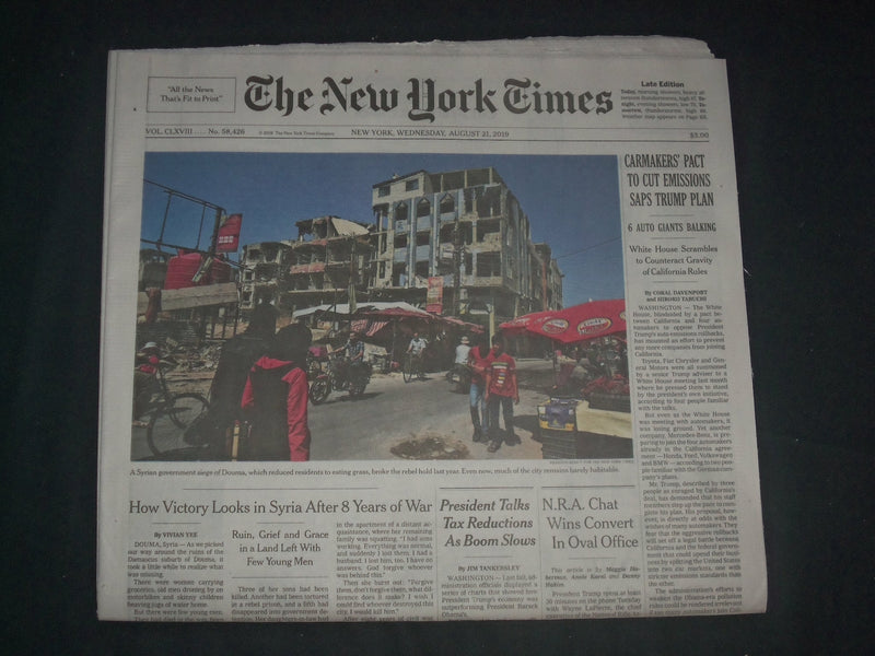 2019 AUGUST 21 NEW YORK TIMES - CARMAKERS' PACT TO CUT EMISSIONS SAPS TRUMP PLAN