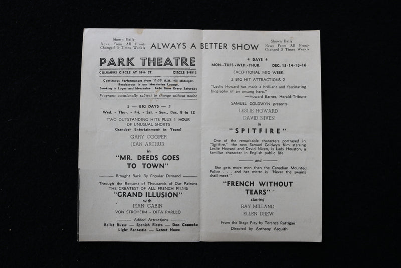 1940'S PARK THEATRE PROGRAM - COLUMBUS CIRCLE - K 1886