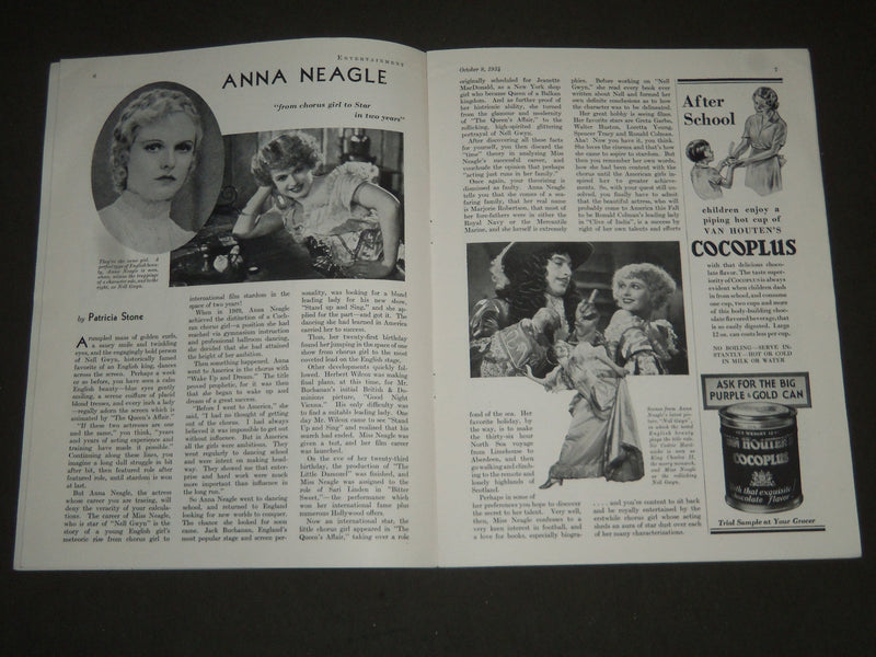 1934 OCTOBER 8 ENTERTAINMENT MAGAZINE - ANNA NEAGLE COVER - ST 5001