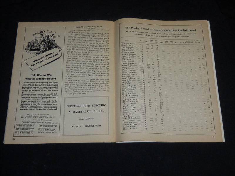 1944 OCTOBER 28 NAVY VS. PENNSYLVANIA FOOTBALL PROGRAM - NICE PHOTOS - J 5762