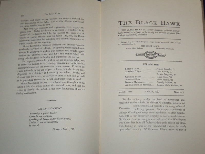 1932 SPRING THE BLACK HAWK QUARTERLY MAGAZINE - MT. MARY COLLEGE - K 525