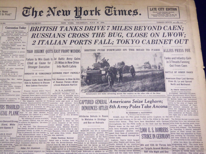 1944 JULY 20 NEW YORK TIMES - 2 ITALIAN PORTS FALL, TOKYO CABINET OUT - NT 1719