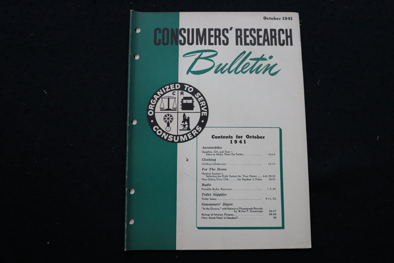 1941 OCTOBER CONSUMERS' RESEARCH BULLETIN MAGAZINE - SP 4179O