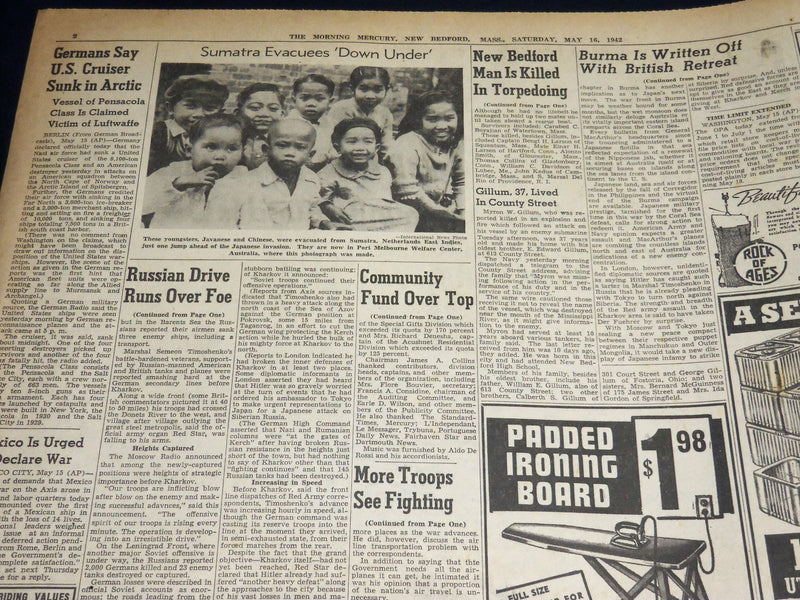 1942 MAY 16 NEW BEDFORD MORNING MERCURY NEWSPAPER - GERMANS ENTER KERCH- NT 8907