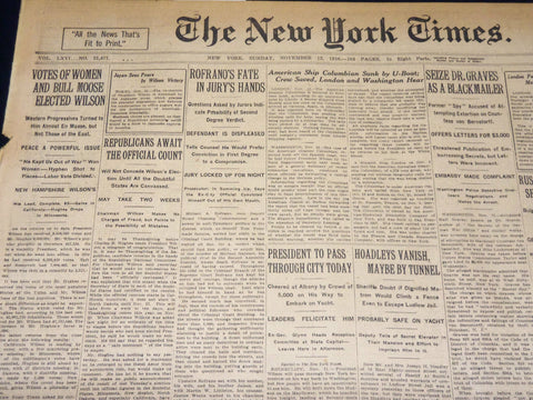 1916 NOVEMBER 12 NEW YORK TIMES - VOTES OF WOMEN & BULL MOOSE WILSON - NT 7733
