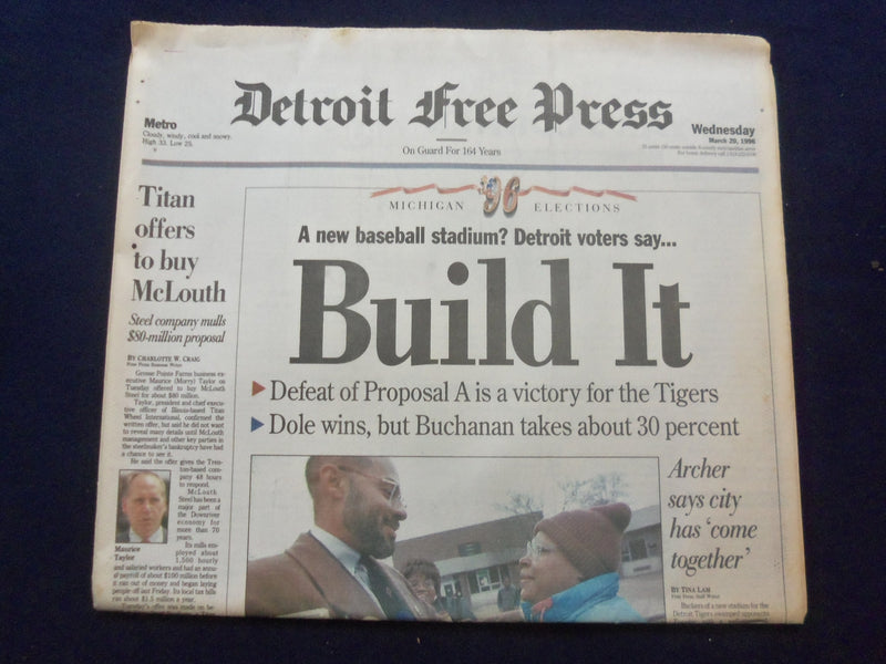 1996 MAR 20 DETROIT FREE PRESS NEWSPAPER -VOTERS SAY BUILD NEW STADIUM - NP 7275