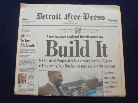 1996 MAR 20 DETROIT FREE PRESS NEWSPAPER -VOTERS SAY BUILD NEW STADIUM - NP 7275
