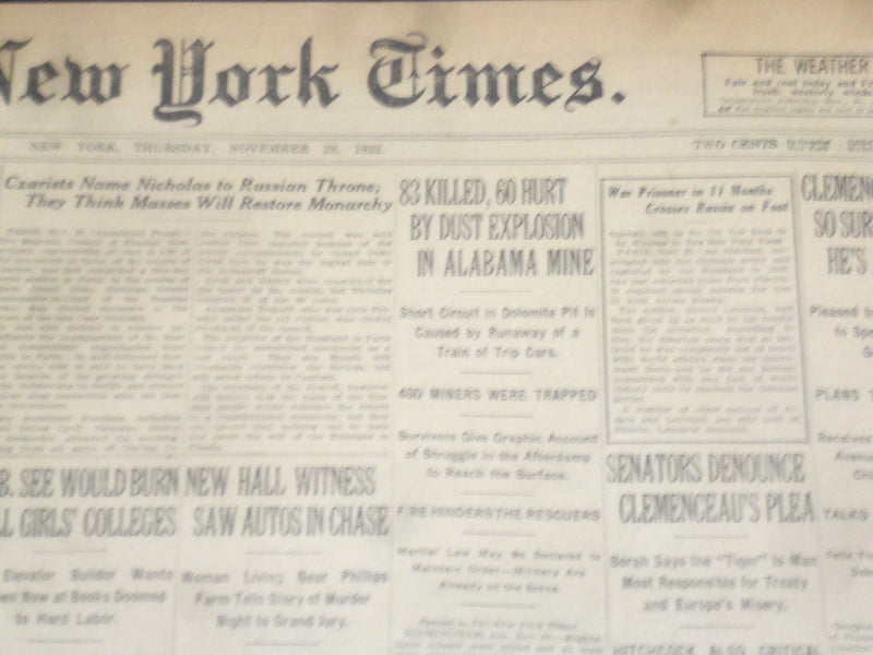 1922 NOVEMBER 23 NEW YORK TIMES - ALABAMA MINE EXPLOSION, 83 KILLED - NT 8438