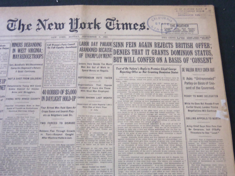1921 SEPTEMBER 5 NEW YORK TIMES - SINN FEIN AGAIN REJECTS BRITISH OFFER- NT 5475