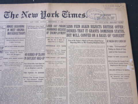 1921 SEPTEMBER 5 NEW YORK TIMES - SINN FEIN AGAIN REJECTS BRITISH OFFER- NT 5475
