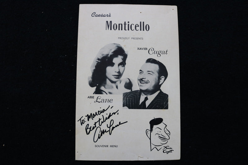 1950'S CAESAR'S MONTICELLO MENU - ABBE LANE SIGNED COVER - K 2864