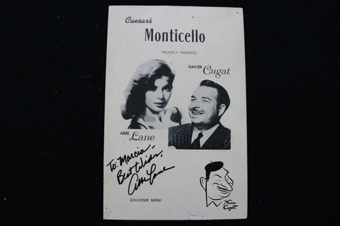 1950'S CAESAR'S MONTICELLO MENU - ABBE LANE SIGNED COVER - K 2864