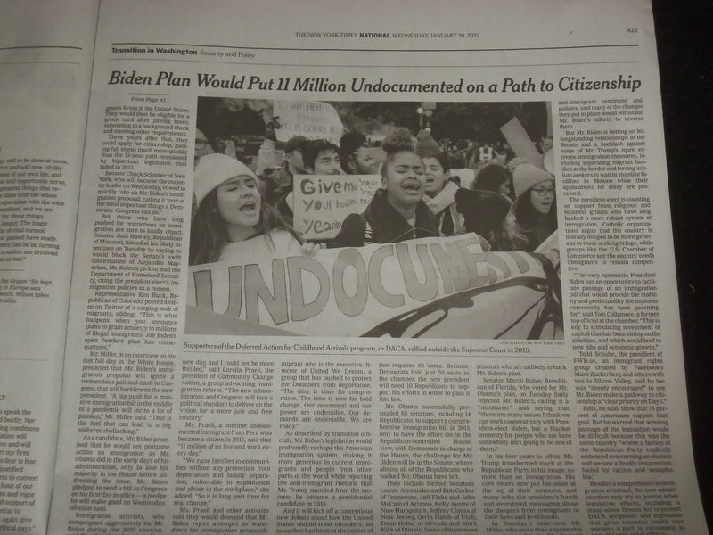 2021 JANUARY 20 NEW YORK TIMES - BIDEN PLAN GIVES 11 MILLION PATH TO CITIZENSHIP