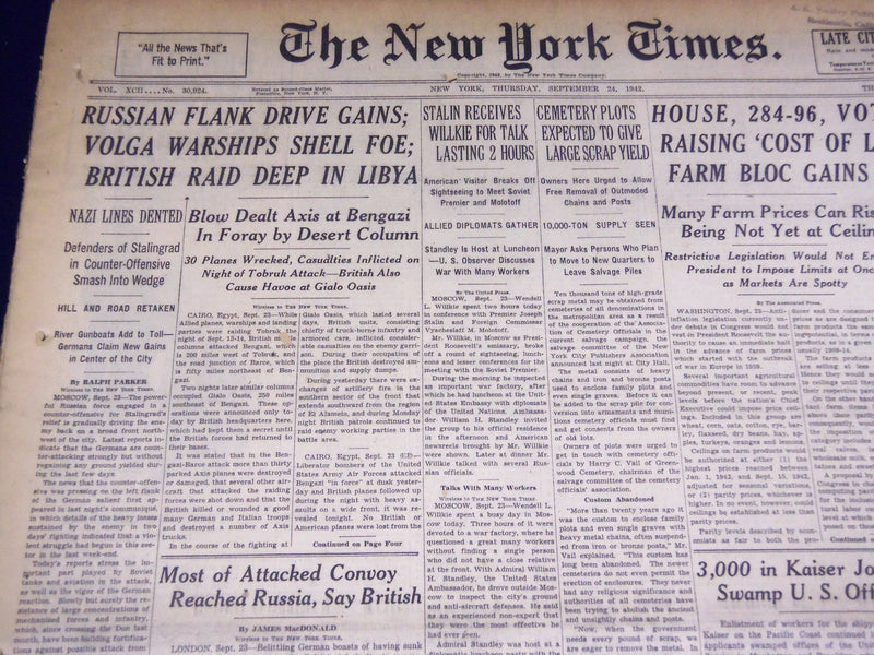 1942 SEPT 24 NEW YORK TIMES - RUSSIAN FLANK GAINS VOLGA WARSHIPS SHELL - NT 919
