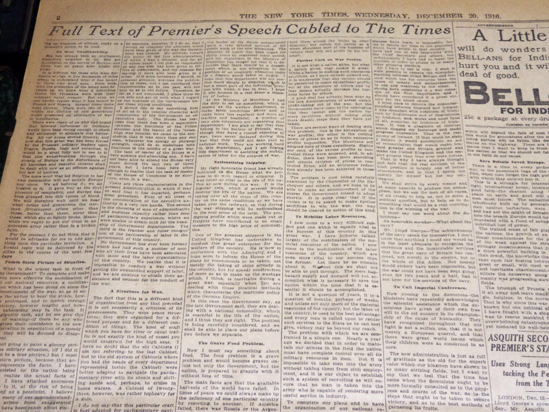 1916 DEC 16 NEW YORK TIMES - LLOYD GEORGE DEMANDS COMPLETE RESTITUTION - NT 8651