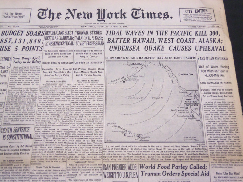 1946 APRIL 2 NEW YORK TIMES - TIDAL WAVES KILL 300 - NT 4220