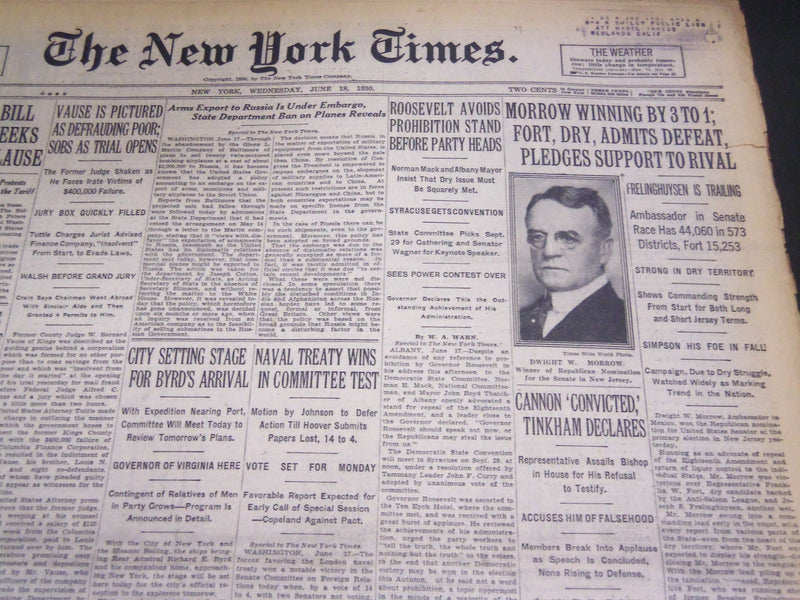 1930 JUNE 18 NEW YORK TIMES - MORROW WINNING BY 3 TO 1 IN NEW JERSEY - NT 4950