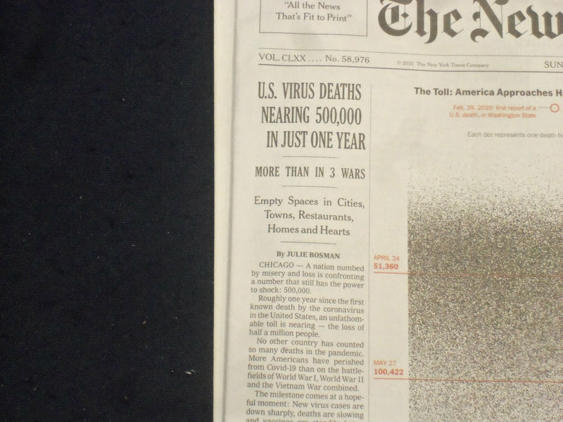 2021 FEBRUARY 21 NEW YORK TIMES - U.S. VIRUS DEATHS NEARING 500,000 IN ONE YEAR