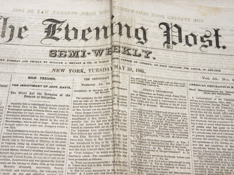 1865 MAY 30 THE EVENING POST NEWSPAPER - JEFF. DAVIS - SURRATT - NP 4956