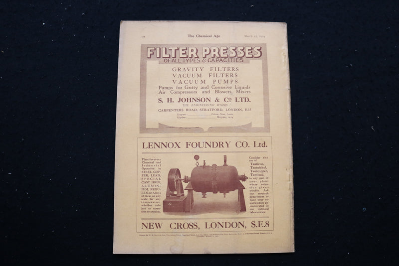 1924 MARCH 15 THE CHEMICAL AGE MAGAZINE - CAUTIC LIME SLUDGE COVER - SP 4190O