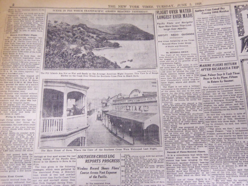 1928 JUNE 5 NEW YORK TIMES - SOUTHERN CROSS SPANS OCEAN TO FIJI - NT 5358