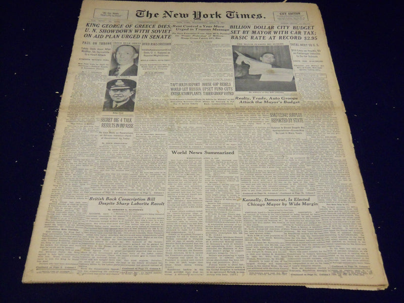 1947 APRIL 2 NEW YORK TIMES - KING GEORGE OF GREECE DIES - NT 3275