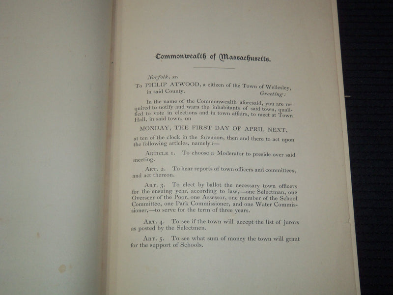 1889 WELLESLEY TOWN CLERK'S RECORD OF THE ANNUAL MEETING -MASSACHUSETTS - K 3102