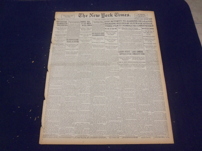 1920 JULY 15 NEW YORK TIMES - COX RETORTS TO HARDING ON LEAGUE - NT 9330