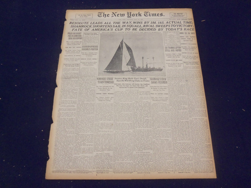1920 JULY 24 NEW YORK TIMES - RESOLUTE WINS CUP TO BE DECIDED TODAY - NT 9339