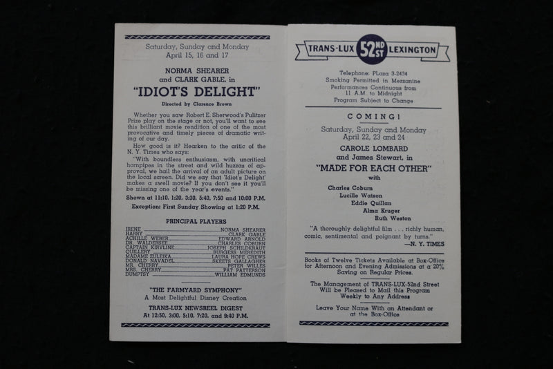 1939 APRIL 15-21 TRANS-LUX THEATRE PROGRAM - IDIOT'S DELIGHT-CLARK GABLE- K 1837