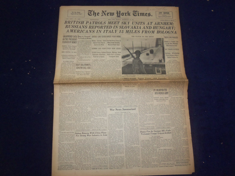 1944 SEP 25 NEW YORK TIMES - BRITISH PATROLS MEET SKY UNITS AT ARNHEM - NP 6631
