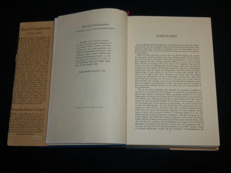 1969 THE GOSPEL OF SRI RAMAKRISHNA HARDCOVER BOOK BY SWAMI NIKHILANANDA- KD 6914