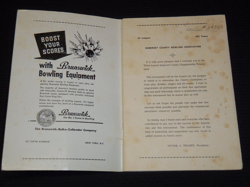 1953 SOMERSET COUNTY BOWLING ASSOCIATION CHAMPIONSHIP PROGRAM - J 7899