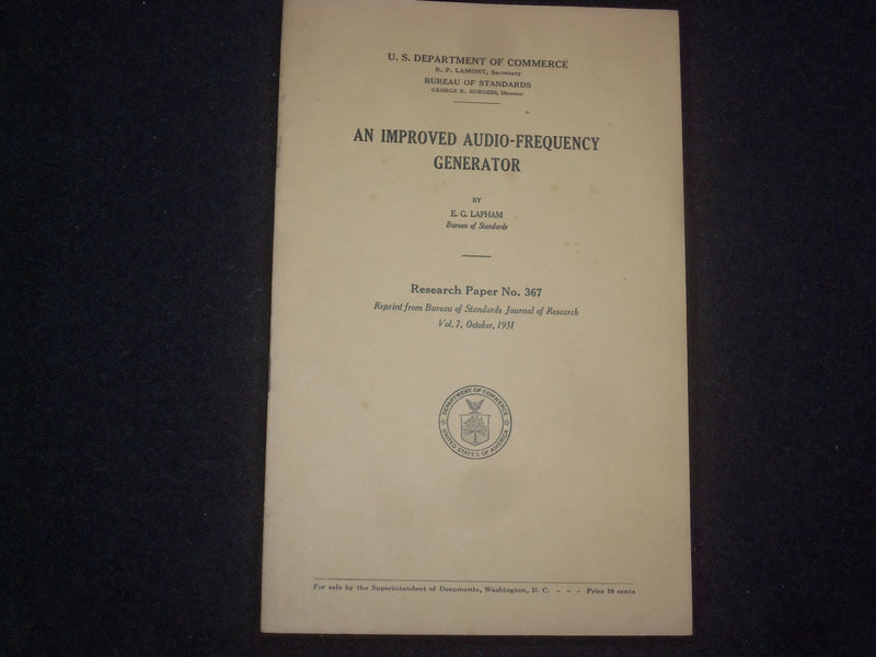 1931 AN IMPROVED AUDIO-FREQUENCY GENERATOR SOFTCOVER BOOK - E.G LAPHAM - J 9831