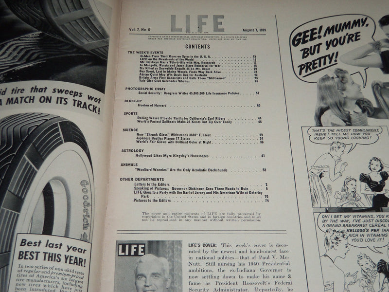1939 AUGUST 7 LIFE MAGAZINE - OFFICIAL PAUL MCNUTT COVER - L 142