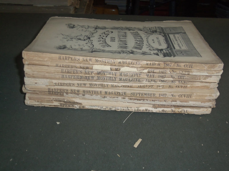 1867 HARPER'S MONTHLY MAGAZINE - LOT OF 9 - NICE STORIES & ADS - WR 647D